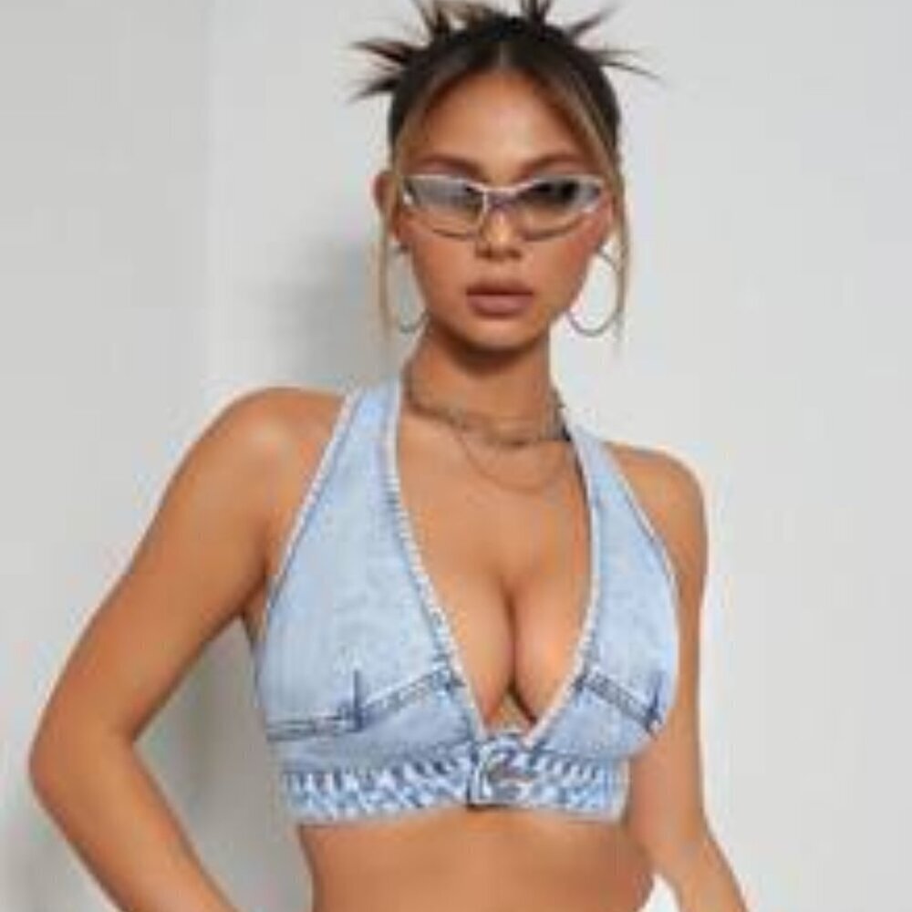 ICON Backless Halter Neck Denim Top Festival Fashion Rave Wear Denim Halter Top